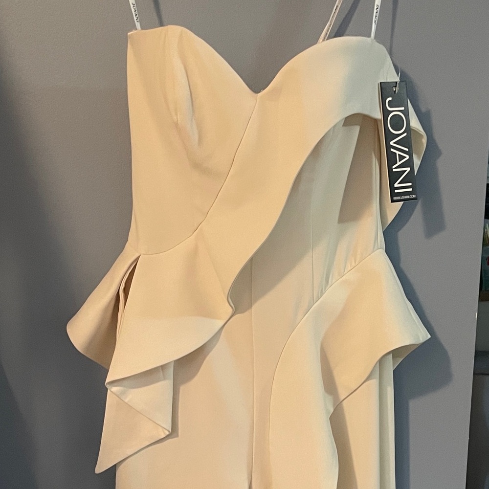Jovani Cream Strapless Ruffle Jumpsuit Size 2